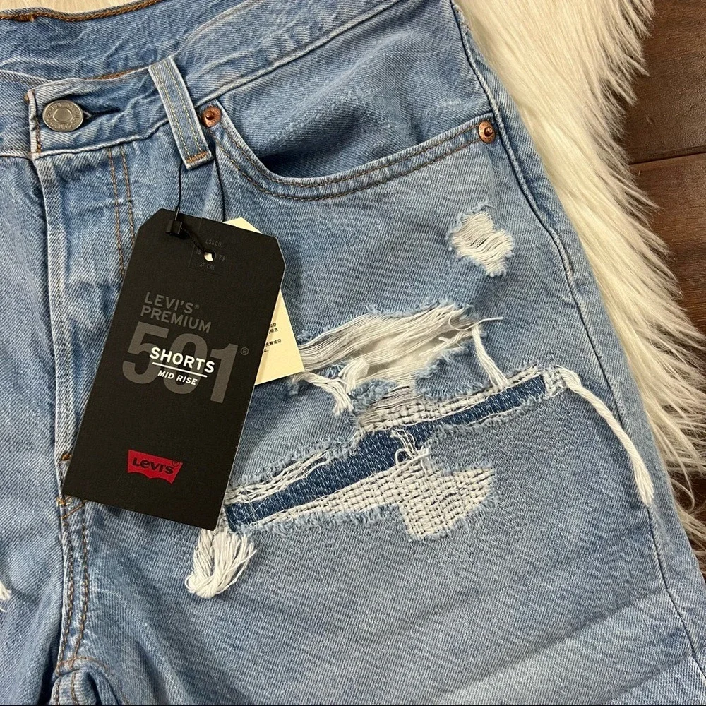 Levi's Size 27 Haze Blue Distressed 501 Long Denim Shorts